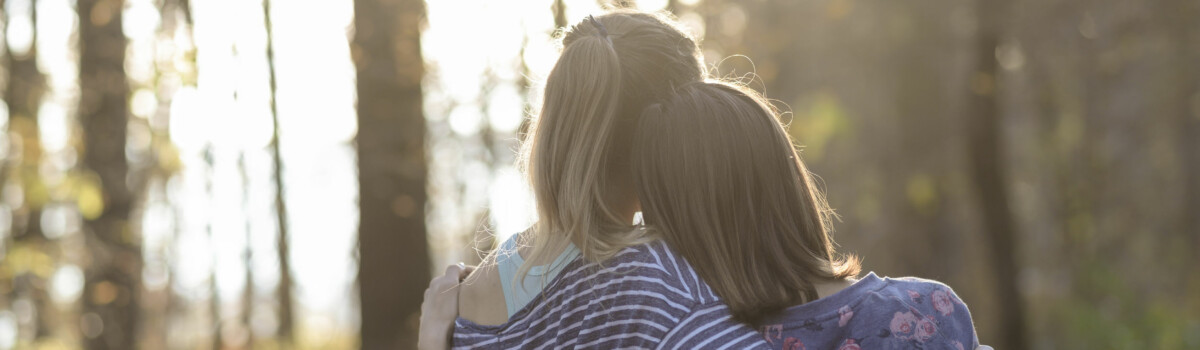 Homosexual couple in forest cuddling