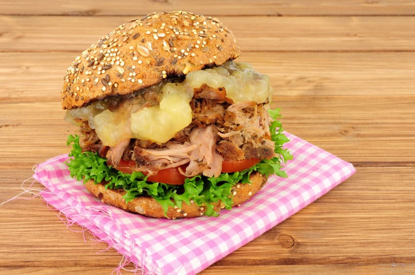 Fresh hog roast meat in burger Fresh hog roast meat in burger